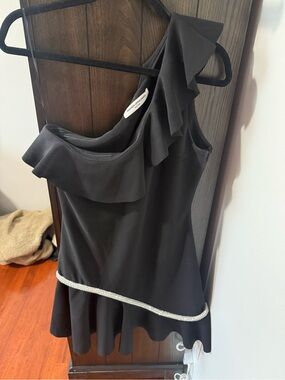 Amanda Uprichard Elsa Black One-Shoulder Ruffle Peplum Top with Trim